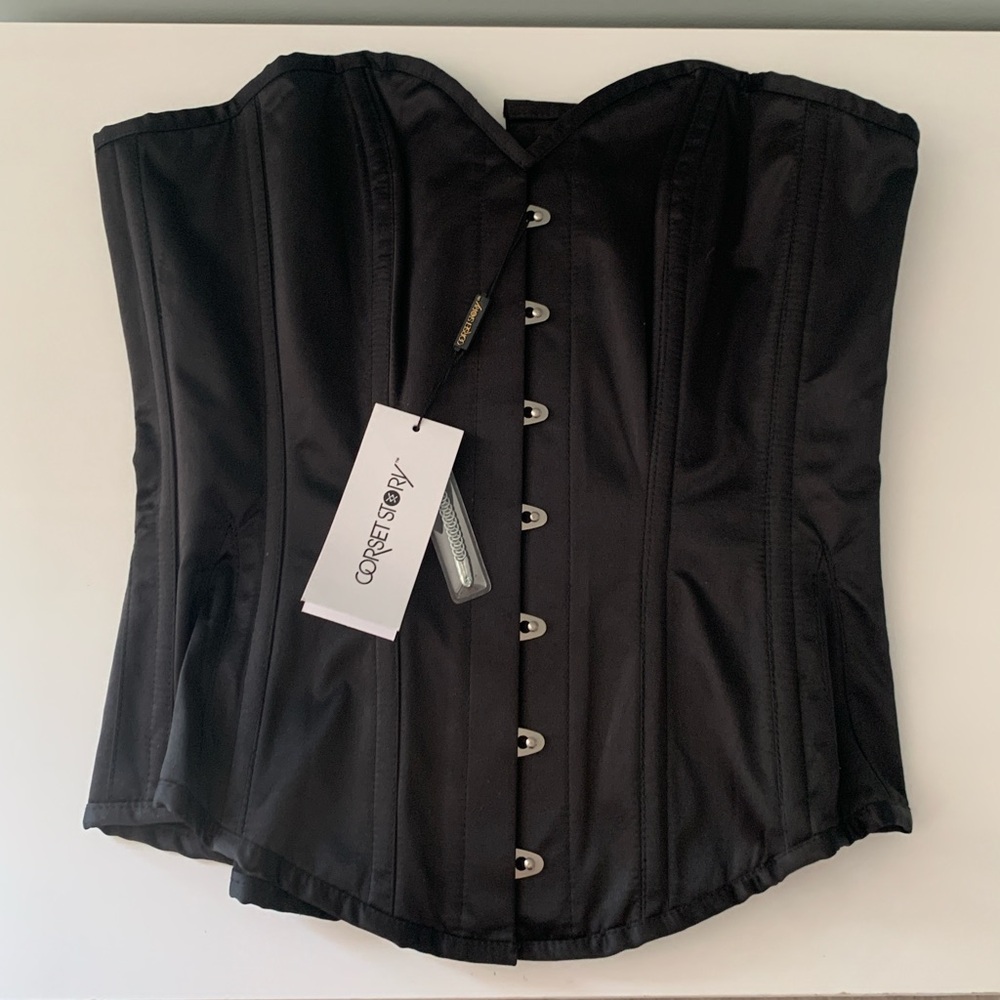Corset Story Black Satin Overbust Corset 32 Steel Boned Waist Training Bustier - Picture 2 of 7